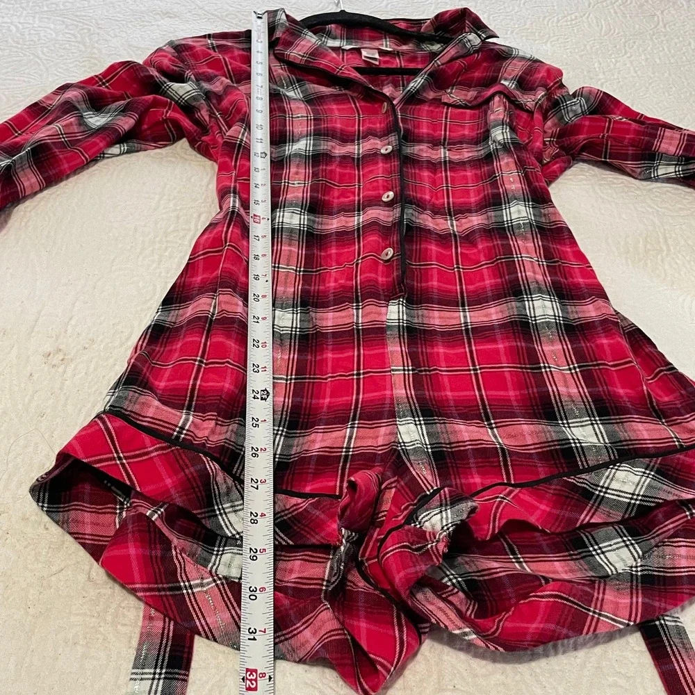 Victoria's Secret Plaid Flannel Pajama Romper Tie Red Black Pink Silver Size M - Picture 3 of 12